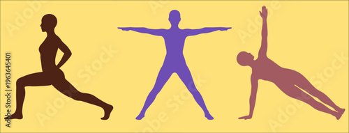 Yoga and fitness exercise silhouettes with warrior pose star plank positions wellness stretching and balance vector illustration set
