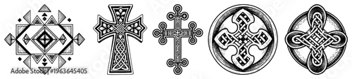 Set of ornate crosses and celtic symbols in ink engraving