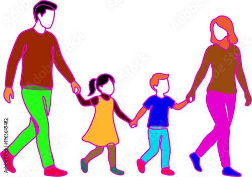 colourful family walking holding hands vector illustration - parents children silhouette togetherness unity love concept flat design lifestyle
