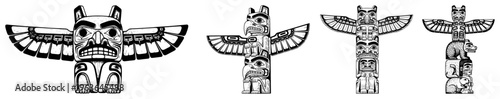 Collection of native american totem poles in detailed engraving style vector illustration