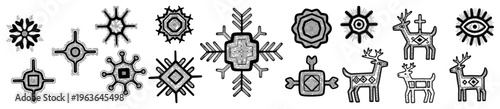 Set of primitive tribal symbols and petroglyph icons in engraving style vector illustration