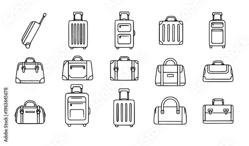 Luggage suitcase travel bag line icons vector set