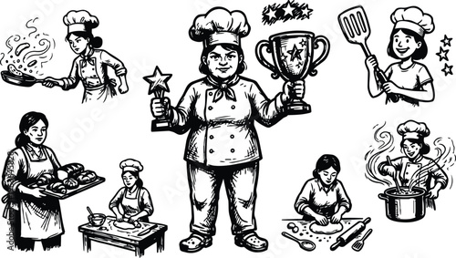 Black and white line art chef holding trophy and star surrounded by cooks cooking and baking