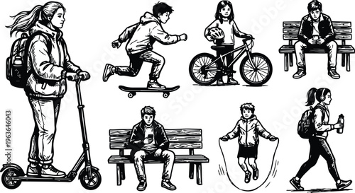 Line art black and white youth on scooter skateboard bicycle bench jump rope and walking with bottle