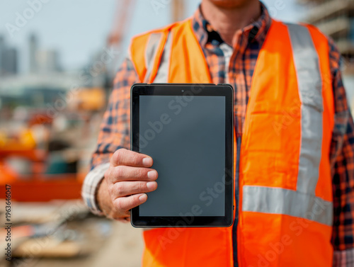 Construction worker in safety vest holding a digital tablet with blank screen at an urban building site with blurred background and equipment