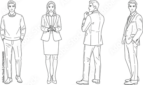 Business people line art illustrations set with professional man and woman in formal outfits, standing poses, corporate characters isolated on white background