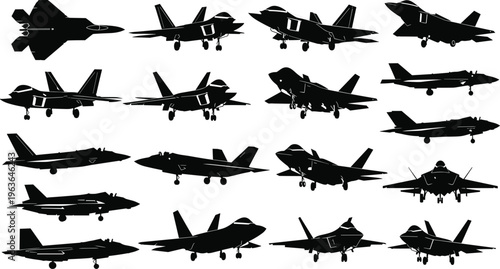 Collection of modern fighter jet silhouettes in multiple angles with landing gear, military aircraft set isolated on white background, aviation defense illustration