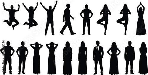 Collection of people silhouettes in various poses including jumping, standing and yoga positions, diverse human figures set isolated on white background