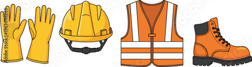 Construction safety equipment set including gloves, hard hat, reflective vest and work boots, protective gear illustration isolated on white background