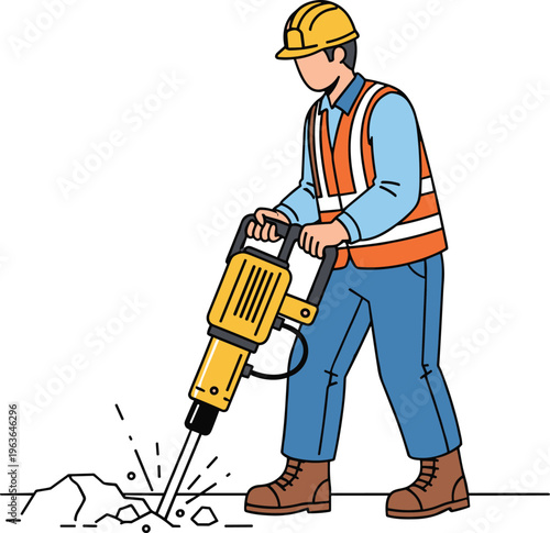 Construction worker using jackhammer breaking concrete surface, industrial labor illustration with safety gear, road work concept, engineering activity isolated on white background