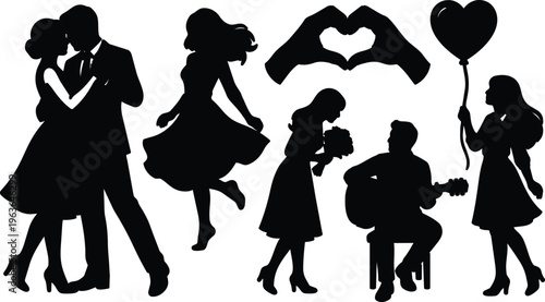 Romantic valentine silhouettes kissing dancing bouquet guitarist holding heart balloon in black and white