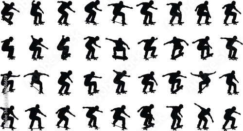 Set of skateboarder silhouettes performing tricks and jumps, dynamic skateboarding action collection isolated on white background for sports and urban lifestyle design