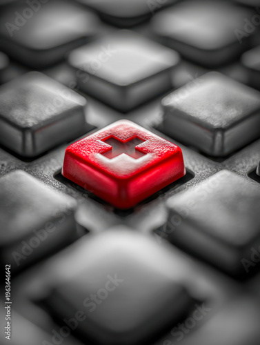 Red key with cross symbol standing out among black keys on a computer keyboard representing medical help or emergency assistance concept