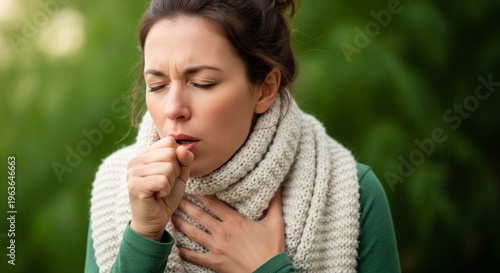 Woman coughing outside with scarf on neck and hand to mouth tightly