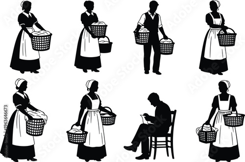Vintage maid and laundry worker silhouettes carrying baskets with clothes, domestic service characters set, historical household chores illustration isolated on white background