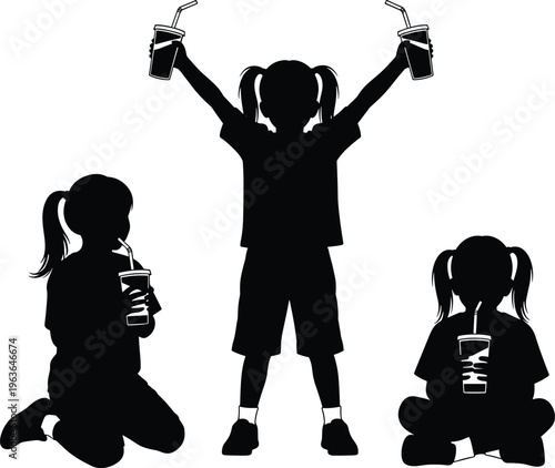 Silhouette of three children drinking beverages with straws, playful kids sitting and standing, happy childhood moment isolated on white background
