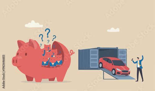 Saving money for new car automobile expense and cost car loan concept wealthy red piggybank business man open container loading deliver new big car red new owner.
