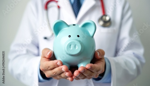 Doctor holds blue piggy bank, saving money for health care costs. Medical pro offers financial advice on wellness budget planning, investment, and medical expense management for a secure future.