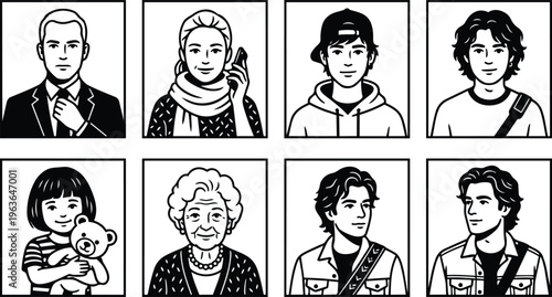 Black and white line art eight framed portraits child with teddy elderly woman businessman adjusting tie man in cap