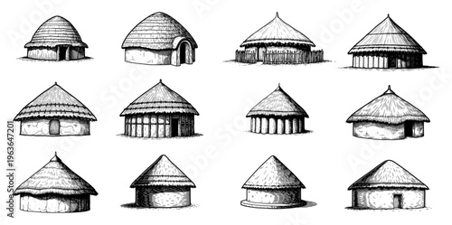 Set of various traditional African tribal huts with thatched roofs hand drawn sketches