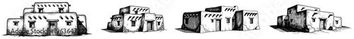 Minimalist ink sketch of traditional adobe houses in southwestern pueblo architectural style