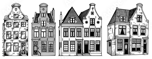 Hand drawn black and white illustration of traditional dutch canal houses with stepped gables