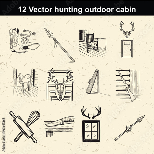 A collection of twelve hand drawn black and white vector icons representing hunting and cabin life