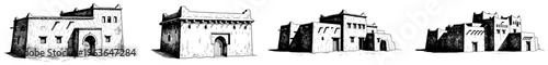 Minimalist black and white sketch of traditional adobe mudbrick buildings in desert architecture style