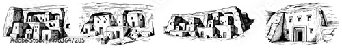 Detailed black and white ink illustration of ancient cliff dwellings carved into natural rock formations