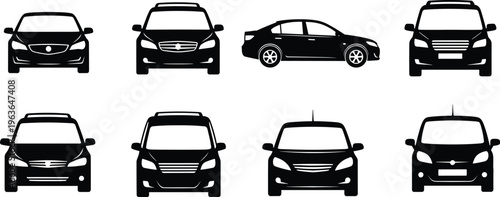 Car silhouette collection, sedan SUV front view, automotive design icons, vehicle illustration artwork, black vector cars, transportation graphic set