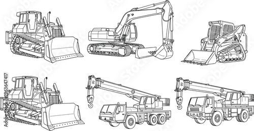 Construction machinery silhouettes, bulldozer excavator artwork, mobile crane vector, heavy equipment illustration, engineering design graphic, industrial vehicle technical drawing set
