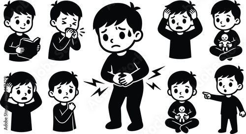 Sick boy icons showing stomach pain headache cough and worried expressions in black and white vector art