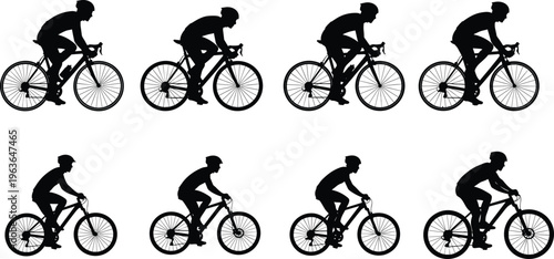 Cyclist silhouette collection, road bike illustration, mountain biking artwork, cycling posture vector, sports design graphic, bicycle rider black silhouettes set