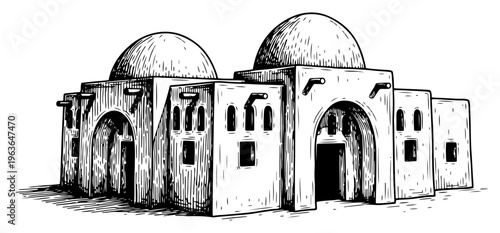 Hand drawn ink sketch of a traditional domed mosque or middle eastern building