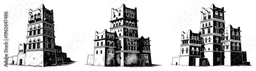 Hand drawn black and white illustration of traditional Yemeni stone towers with decorative white patterns