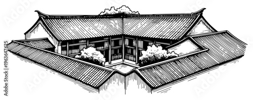 Aerial view sketch of a traditional Chinese courtyard house complex with tiled roofs