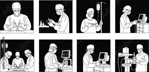 Medical professionals performing , hospital healthcare silhouettes, doctors with equipment, patient care teamwork, surgical instruments, monitoring technology, diagnostic illustration vector artwork