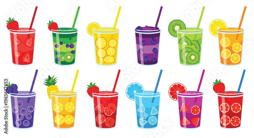 A colorful illustration of various fruit-flavored drinks with straws in clear plastic cups
