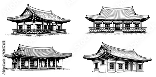 Detailed ink illustration of traditional Korean hanok houses with curved tiled roofs