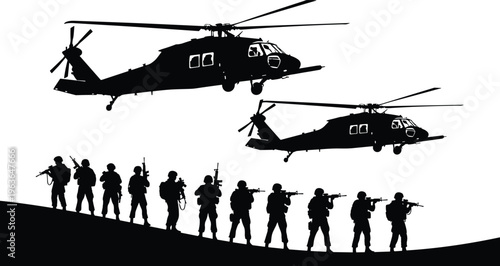 Military helicopter silhouettes, soldiers tactical formation, combat operation artwork, black-and-white vector design, war scene illustration, armed forces graphic composition