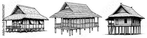 Vintage ink sketch of traditional Southeast Asian stilt houses with thatched roofs