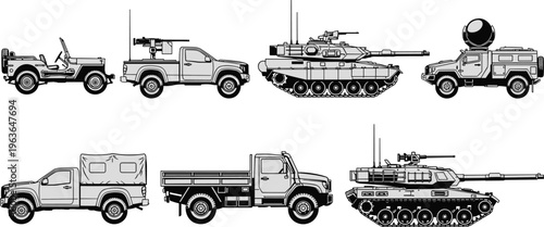 Military vehicle silhouettes, battle tanks illustration, armored jeep artwork, utility truck vector, radar dome design, combat transport graphic, war equipment set