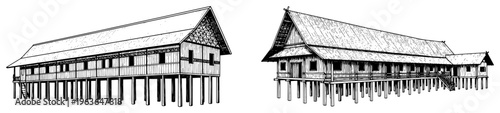 Traditional Dayak longhouse architecture on wooden stilts hand drawn in sketch style