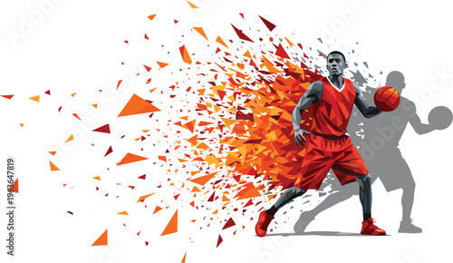 Polygonal basketball player artwork, abstract athlete dribbling ball, geometric sports design, dynamic motion vector, red fragments energy, athletic silhouette illustration