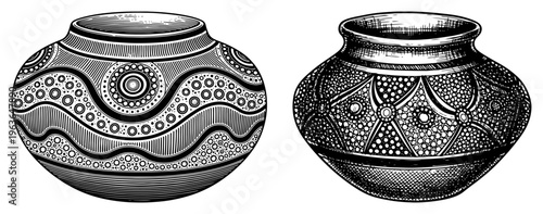 Hand drawn sketches of traditional African clay pots with intricate tribal geometric patterns