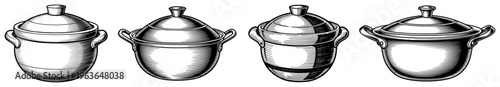 Set of hand drawn black and white sketches of traditional ceramic cooking pots and clay bowls