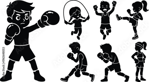 Black and white vector art children boxing jumping and kicking with gloves and jump rope silhouettes