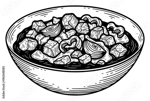 Hand drawn ink sketch of a hearty bowl of soup or stew with vegetables and meat