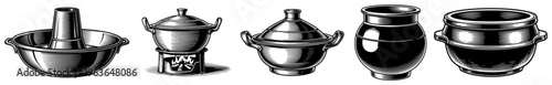 Collection of black and white ink illustrations of traditional Asian cooking vessels and charcoal stoves