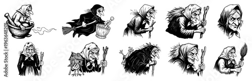 Set of mystical old witch illustrations featuring mortar pestle and flying broomstick